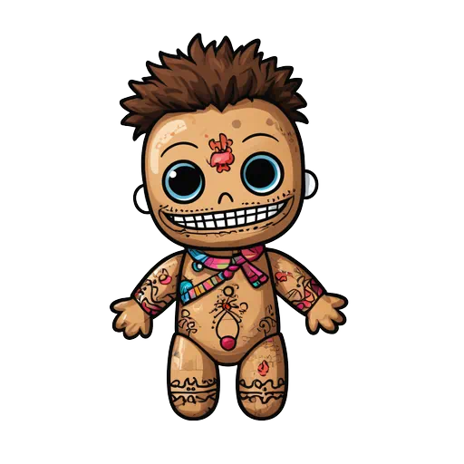 Cartoon voodoo doll with brown hair, blue eyes, colorful scarf, and tattoos in a detailed sticker style.