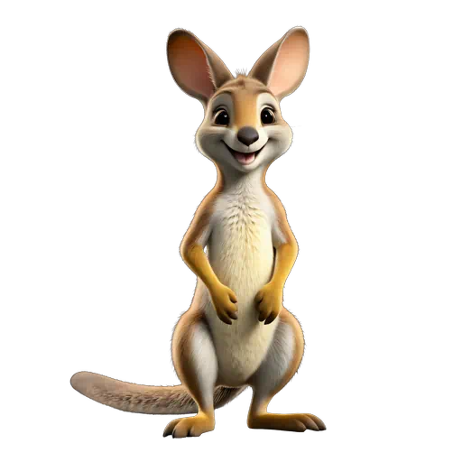 Friendly 3D animated wallaby in shades of brown and white, standing upright with large ears and a smile.