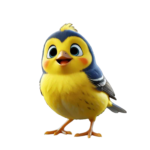 Cute 3D animated yellow and blue warbler bird character with large eyes and orange cheeks.