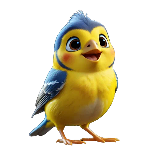 Cute 3D animated yellow bird with blue accents, large dark eyes, and a smiling face, digital illustration style.