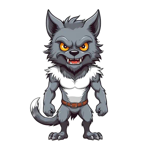 Cartoon grey werewolf with orange eyes, white chest fur, and a brown belt on a white background.