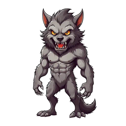 A muscular grey werewolf cartoon sticker with glowing orange eyes and sharp teeth in a standing pose.