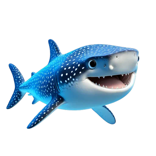 Friendly 3D cartoon whale shark illustration featuring bright blue skin, white spots, and a smiling wide mouth.