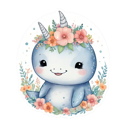Watercolor illustration of a cute blue narwhal wearing a pink floral crown surrounded by pastel flowers on white.
