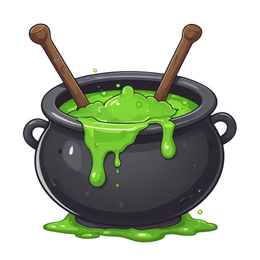 Cartoon black witch cauldron with bubbling neon green slime and two wooden spoons on a white background.