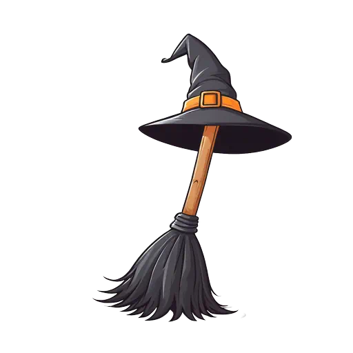 Illustrative sticker of a black witch hat with an orange buckle on a wooden broomstick against white.