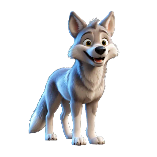 Friendly 3D animated grey and white wolf character with yellow eyes, standing in a stylized cartoon illustration.