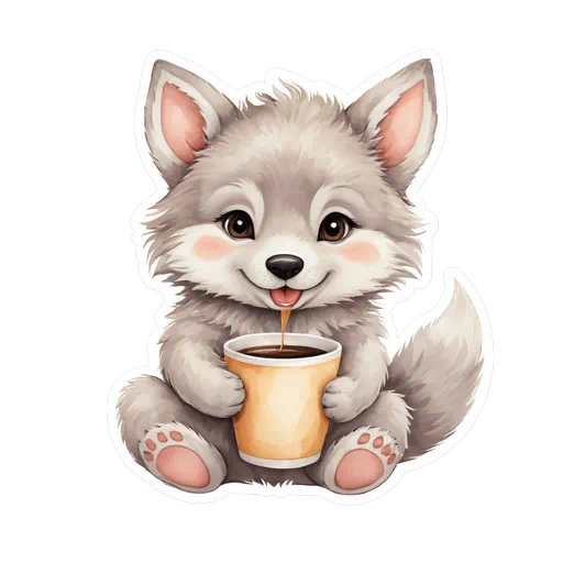 Cute gray watercolor wolf pup sticker holding a tan coffee cup with a smiling face and rosy cheeks.