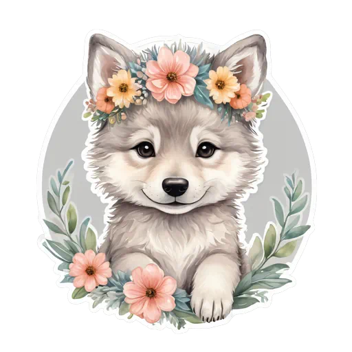 Watercolor illustration of a gray wolf pup wearing a pink floral crown inside a circular botanical frame.