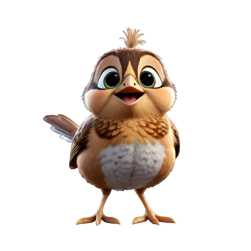 Cute 3D animated brown wren character with large green eyes and white chest feathers, digital illustration style.