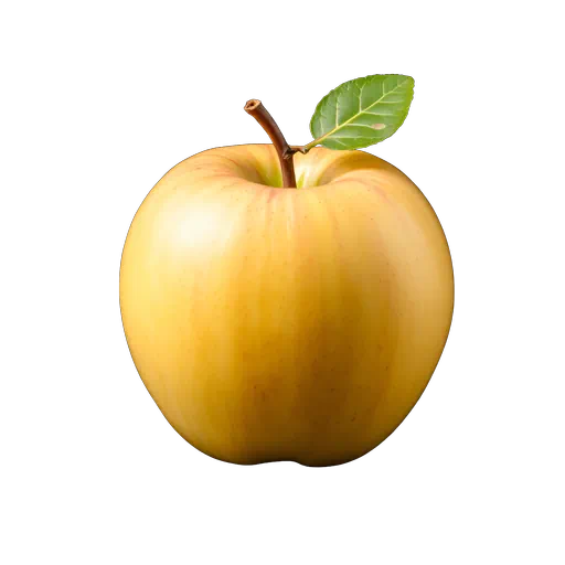 A crisp yellow apple with subtle red streaks, featuring a brown stem and single green leaf.