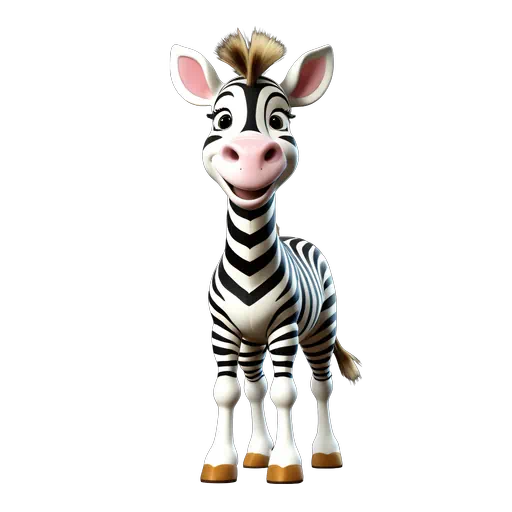 Cute 3D cartoon zebra with black and white stripes and pink accents isolated on a white background.